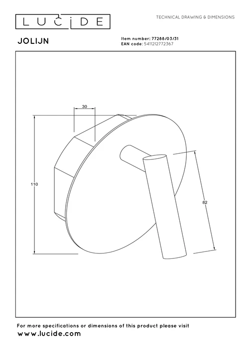 Lucide JOLIJN - Lámpara de cabecera / Lámpara de pared Recargable - Batería/acumulador - Ø 10,2 cm - LED - 1x2W 3000K - Magnético - Blanco - técnico